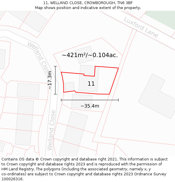 11, WELLAND CLOSE, CROWBOROUGH, TN6 3BF: Plot and title map