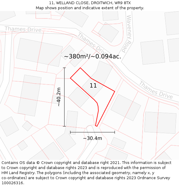 11, WELLAND CLOSE, DROITWICH, WR9 8TX: Plot and title map