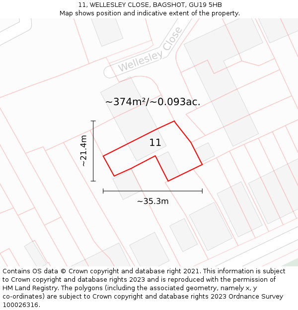 11, WELLESLEY CLOSE, BAGSHOT, GU19 5HB: Plot and title map