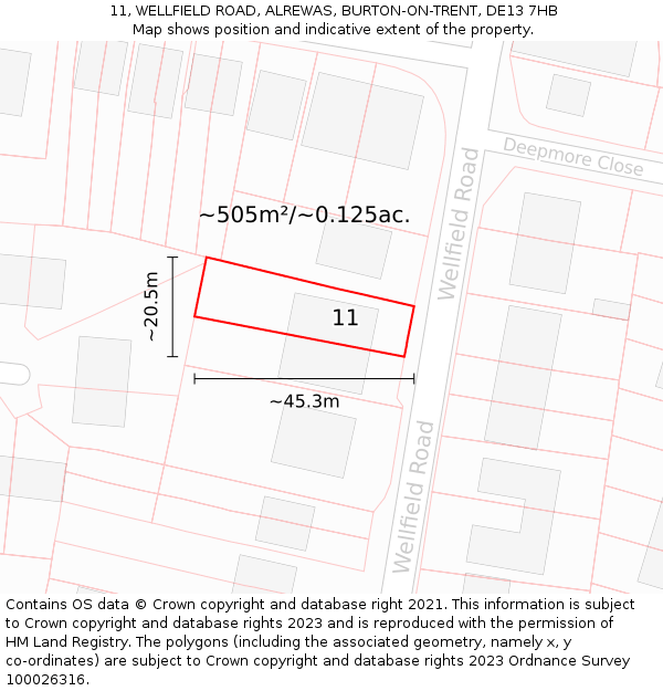 11, WELLFIELD ROAD, ALREWAS, BURTON-ON-TRENT, DE13 7HB: Plot and title map