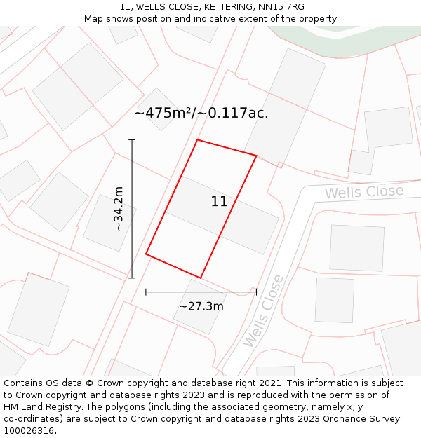 11, WELLS CLOSE, KETTERING, NN15 7RG: Plot and title map