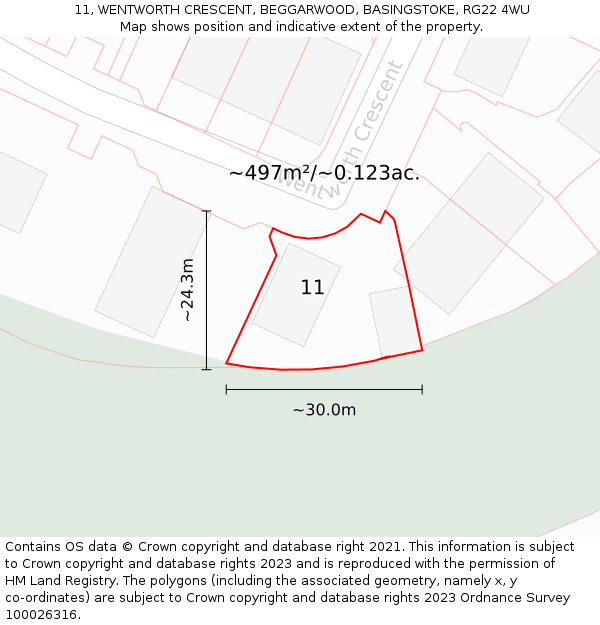 11, WENTWORTH CRESCENT, BEGGARWOOD, BASINGSTOKE, RG22 4WU: Plot and title map