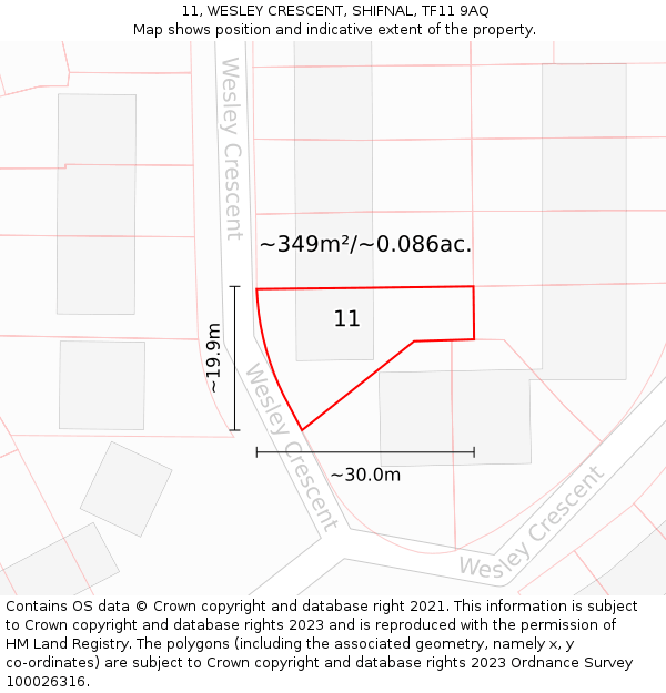 11, WESLEY CRESCENT, SHIFNAL, TF11 9AQ: Plot and title map