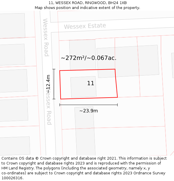 11, WESSEX ROAD, RINGWOOD, BH24 1XB: Plot and title map