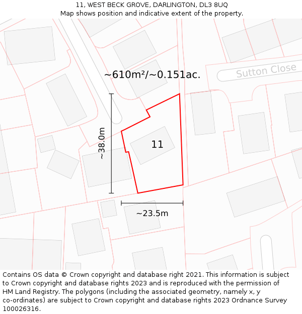 11, WEST BECK GROVE, DARLINGTON, DL3 8UQ: Plot and title map