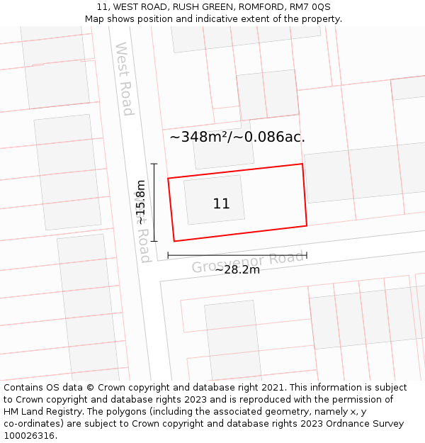 11, WEST ROAD, RUSH GREEN, ROMFORD, RM7 0QS: Plot and title map