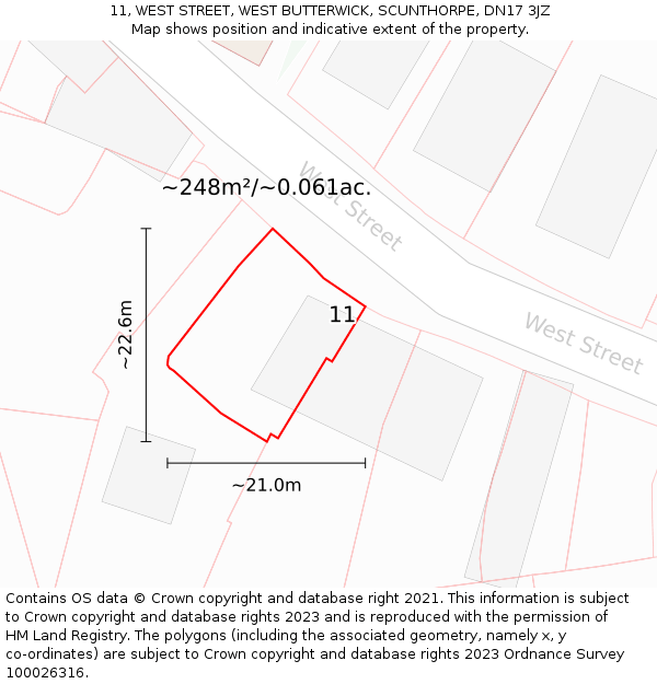 11, WEST STREET, WEST BUTTERWICK, SCUNTHORPE, DN17 3JZ: Plot and title map