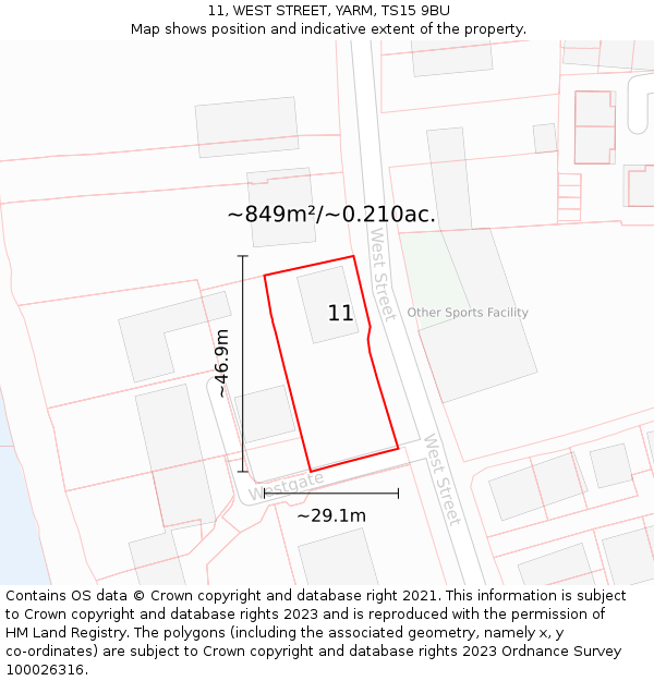 11, WEST STREET, YARM, TS15 9BU: Plot and title map