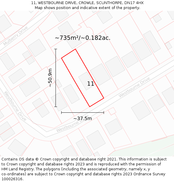 11, WESTBOURNE DRIVE, CROWLE, SCUNTHORPE, DN17 4HX: Plot and title map