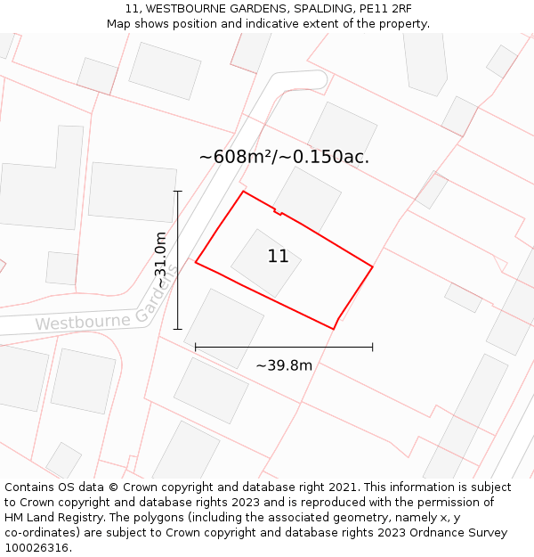 11, WESTBOURNE GARDENS, SPALDING, PE11 2RF: Plot and title map