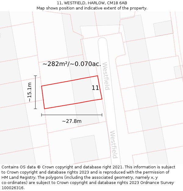 11, WESTFIELD, HARLOW, CM18 6AB: Plot and title map