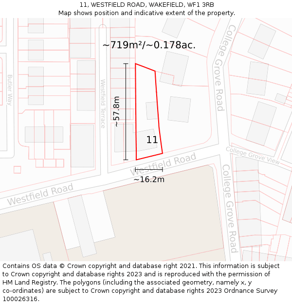 11, WESTFIELD ROAD, WAKEFIELD, WF1 3RB: Plot and title map