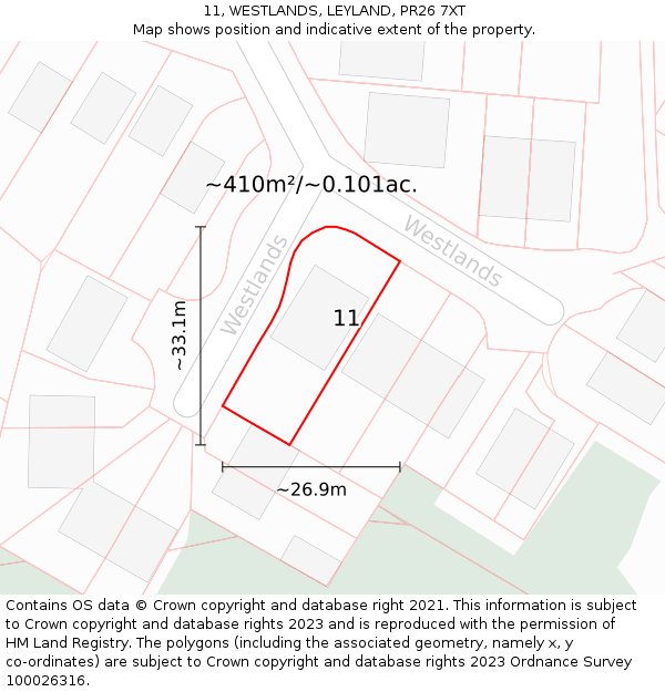11, WESTLANDS, LEYLAND, PR26 7XT: Plot and title map