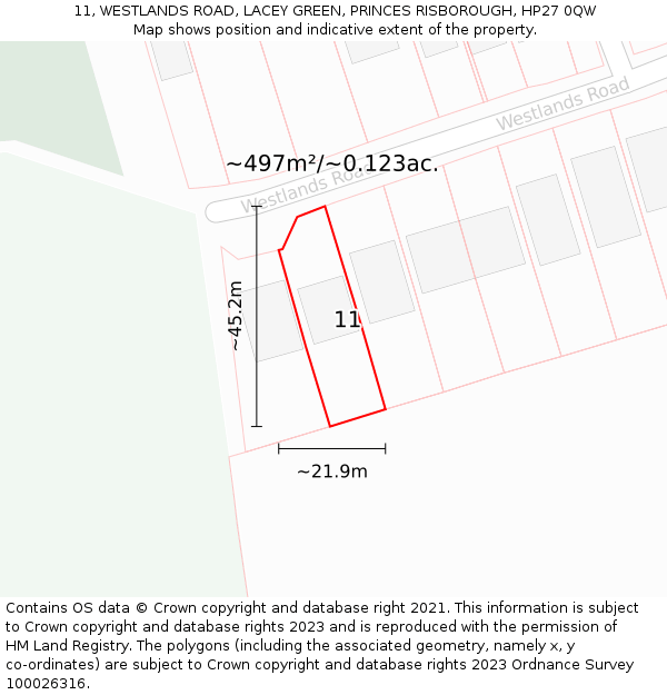 11, WESTLANDS ROAD, LACEY GREEN, PRINCES RISBOROUGH, HP27 0QW: Plot and title map