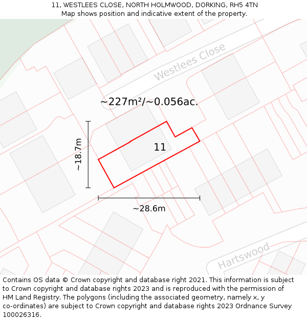 11, WESTLEES CLOSE, NORTH HOLMWOOD, DORKING, RH5 4TN: Plot and title map