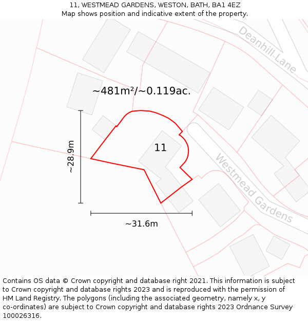 11, WESTMEAD GARDENS, WESTON, BATH, BA1 4EZ: Plot and title map