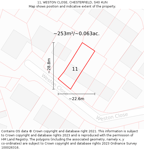 11, WESTON CLOSE, CHESTERFIELD, S40 4UN: Plot and title map