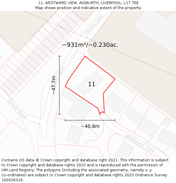 11, WESTWARD VIEW, AIGBURTH, LIVERPOOL, L17 7EE: Plot and title map