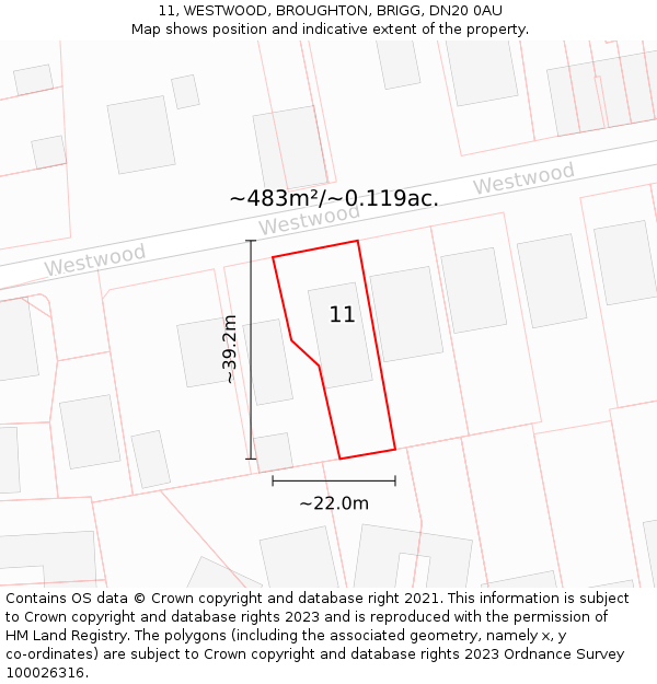 11, WESTWOOD, BROUGHTON, BRIGG, DN20 0AU: Plot and title map