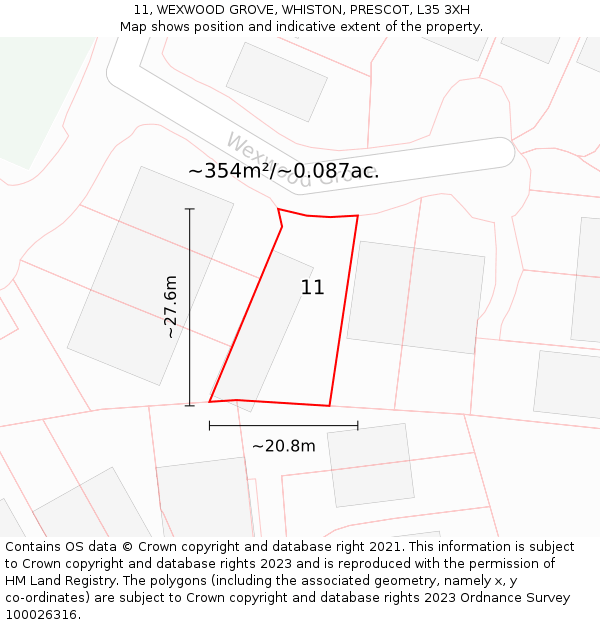 11, WEXWOOD GROVE, WHISTON, PRESCOT, L35 3XH: Plot and title map