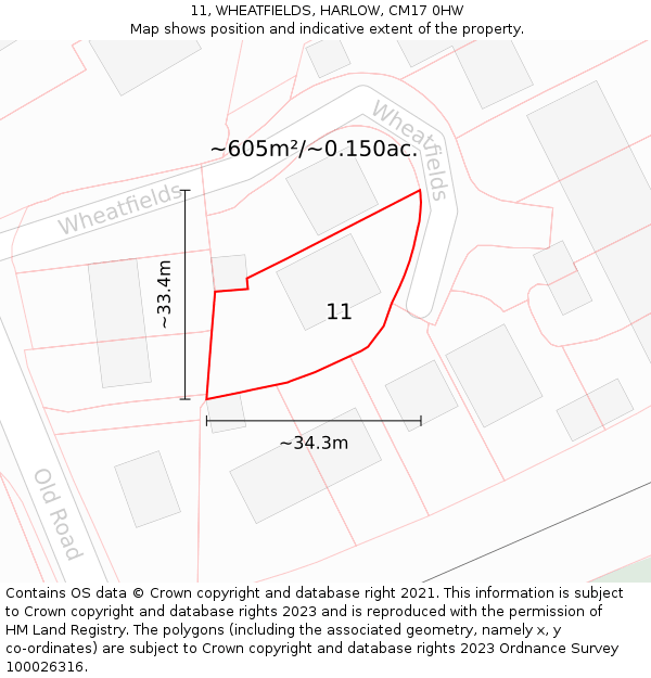 11, WHEATFIELDS, HARLOW, CM17 0HW: Plot and title map