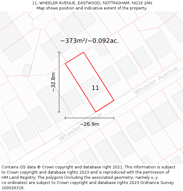 11, WHEELER AVENUE, EASTWOOD, NOTTINGHAM, NG16 2AN: Plot and title map