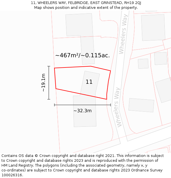 11, WHEELERS WAY, FELBRIDGE, EAST GRINSTEAD, RH19 2QJ: Plot and title map