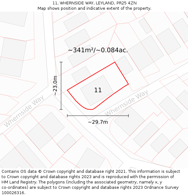 11, WHERNSIDE WAY, LEYLAND, PR25 4ZN: Plot and title map