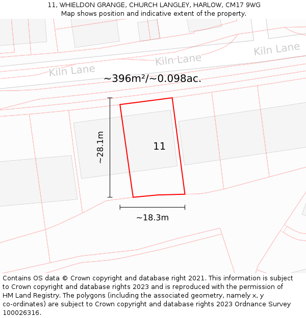 11, WHIELDON GRANGE, CHURCH LANGLEY, HARLOW, CM17 9WG: Plot and title map