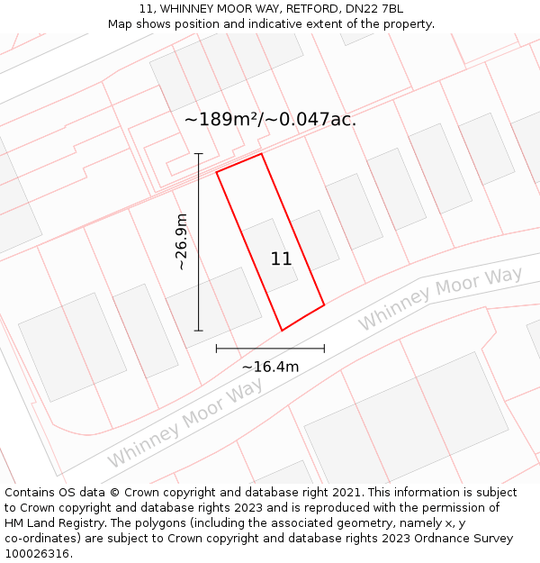 11, WHINNEY MOOR WAY, RETFORD, DN22 7BL: Plot and title map