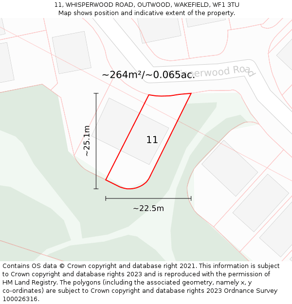 11, WHISPERWOOD ROAD, OUTWOOD, WAKEFIELD, WF1 3TU: Plot and title map