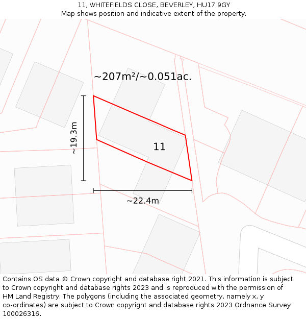 11, WHITEFIELDS CLOSE, BEVERLEY, HU17 9GY: Plot and title map