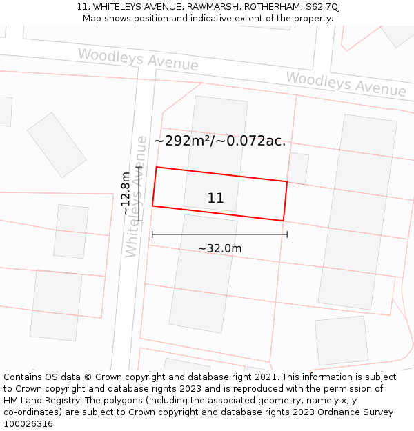 11, WHITELEYS AVENUE, RAWMARSH, ROTHERHAM, S62 7QJ: Plot and title map