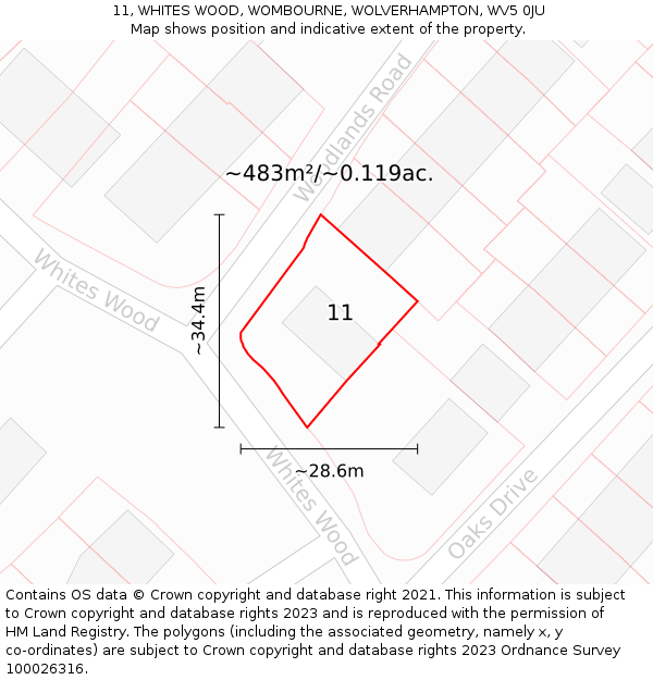 11, WHITES WOOD, WOMBOURNE, WOLVERHAMPTON, WV5 0JU: Plot and title map