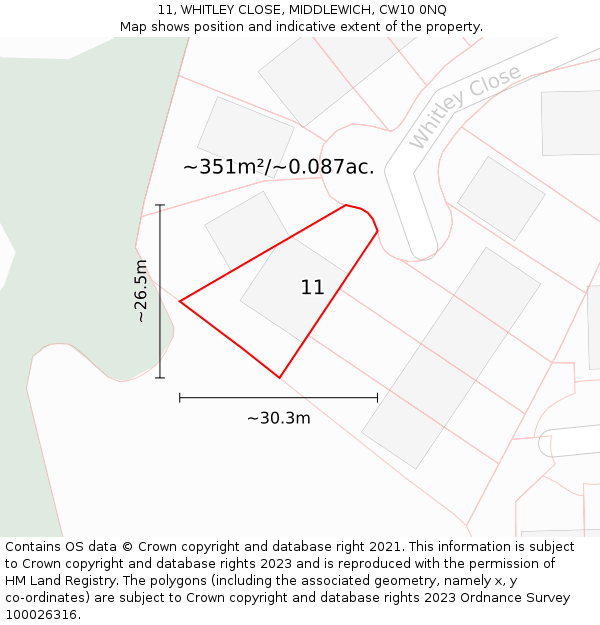 11, WHITLEY CLOSE, MIDDLEWICH, CW10 0NQ: Plot and title map