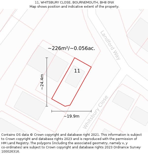 11, WHITSBURY CLOSE, BOURNEMOUTH, BH8 0NX: Plot and title map