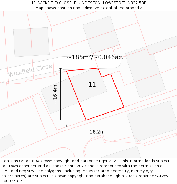 11, WICKFIELD CLOSE, BLUNDESTON, LOWESTOFT, NR32 5BB: Plot and title map