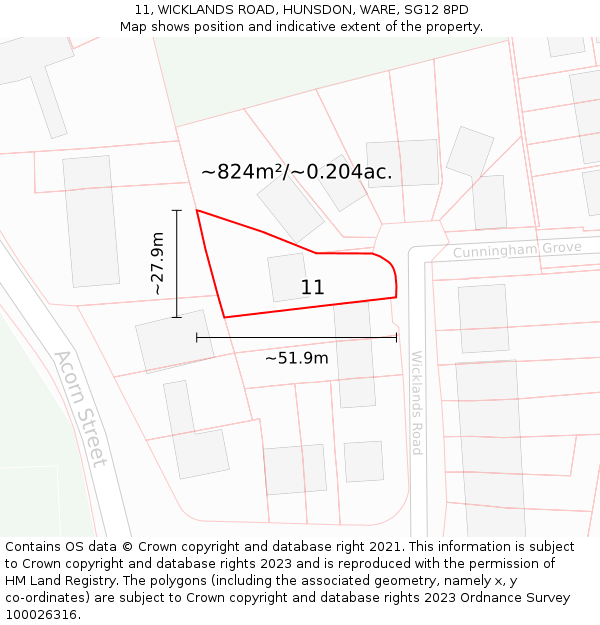 11, WICKLANDS ROAD, HUNSDON, WARE, SG12 8PD: Plot and title map