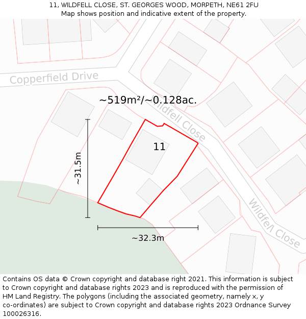 11, WILDFELL CLOSE, ST. GEORGES WOOD, MORPETH, NE61 2FU: Plot and title map