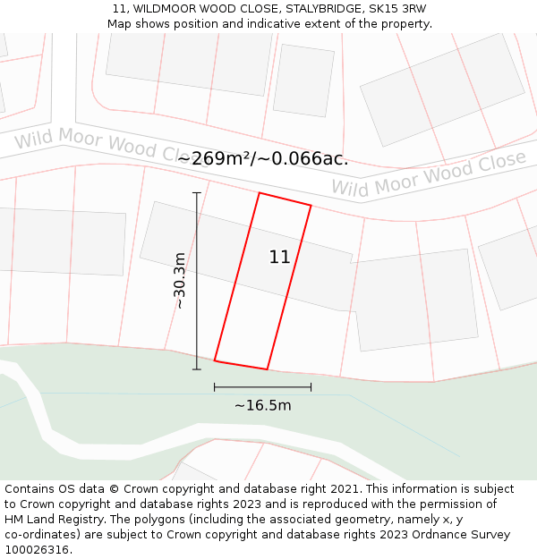 11, WILDMOOR WOOD CLOSE, STALYBRIDGE, SK15 3RW: Plot and title map