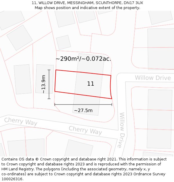 11, WILLOW DRIVE, MESSINGHAM, SCUNTHORPE, DN17 3UX: Plot and title map