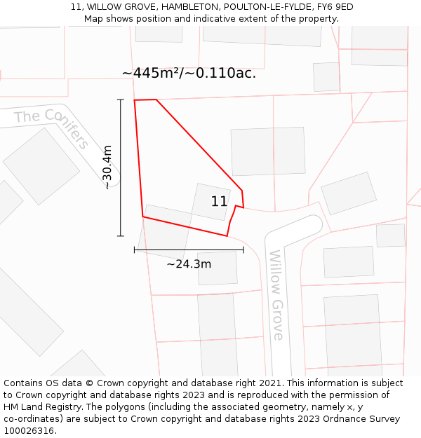 11, WILLOW GROVE, HAMBLETON, POULTON-LE-FYLDE, FY6 9ED: Plot and title map