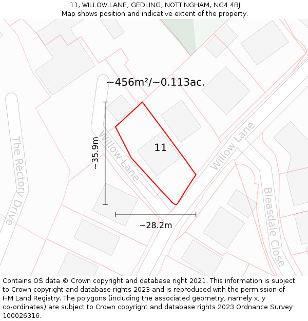 11, WILLOW LANE, GEDLING, NOTTINGHAM, NG4 4BJ: Plot and title map