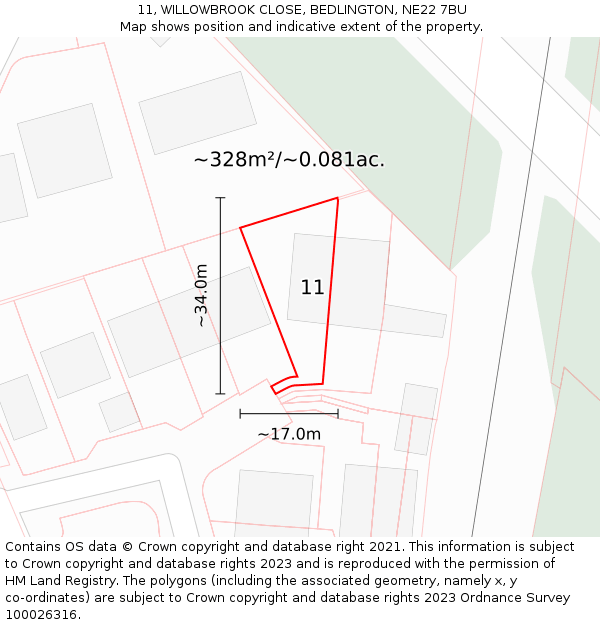 11, WILLOWBROOK CLOSE, BEDLINGTON, NE22 7BU: Plot and title map