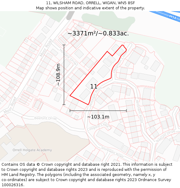 11, WILSHAM ROAD, ORRELL, WIGAN, WN5 8SF: Plot and title map