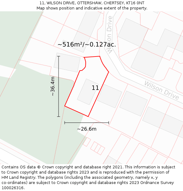 11, WILSON DRIVE, OTTERSHAW, CHERTSEY, KT16 0NT: Plot and title map