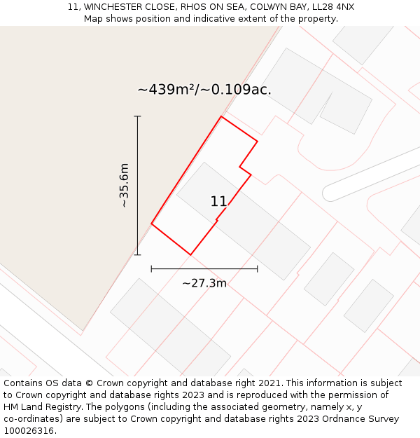 11, WINCHESTER CLOSE, RHOS ON SEA, COLWYN BAY, LL28 4NX: Plot and title map