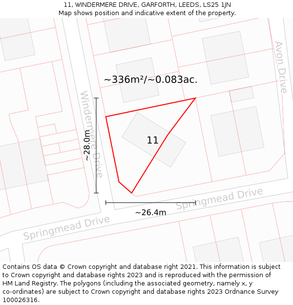 11, WINDERMERE DRIVE, GARFORTH, LEEDS, LS25 1JN: Plot and title map