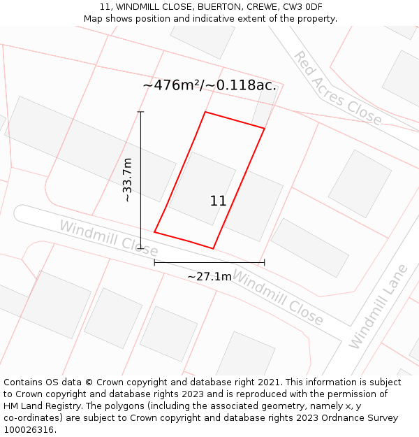 11, WINDMILL CLOSE, BUERTON, CREWE, CW3 0DF: Plot and title map