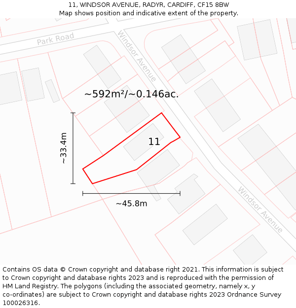 11, WINDSOR AVENUE, RADYR, CARDIFF, CF15 8BW: Plot and title map